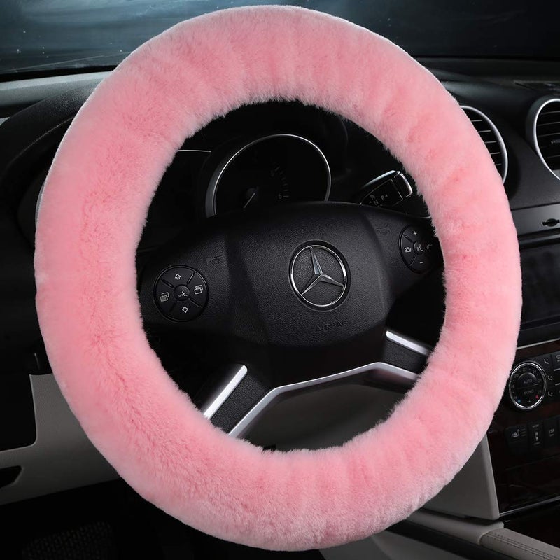 OGLAND Natural Fur Wool Sheepskin car Steering Wheel Cover,Protector for Universal Steering Wheel 15 Inchs, Anti-Slip,Comforting and Luxurious, Soft Texture, Gift for Women (Korean Pink) - Image 1